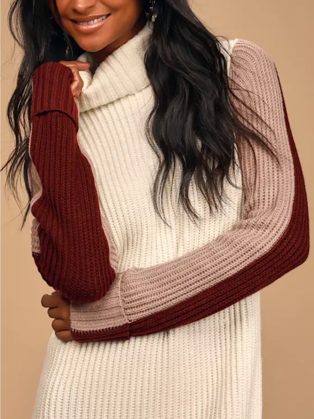 Lulu's Cream Turtleneck Sweater Dress with Mauve and Burgundy Sleeves